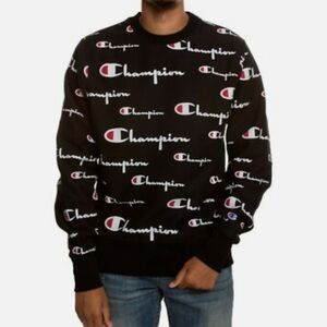 Champion All-Over Script Logo Reverse Weave Crewneck Sweatshirt Black Small